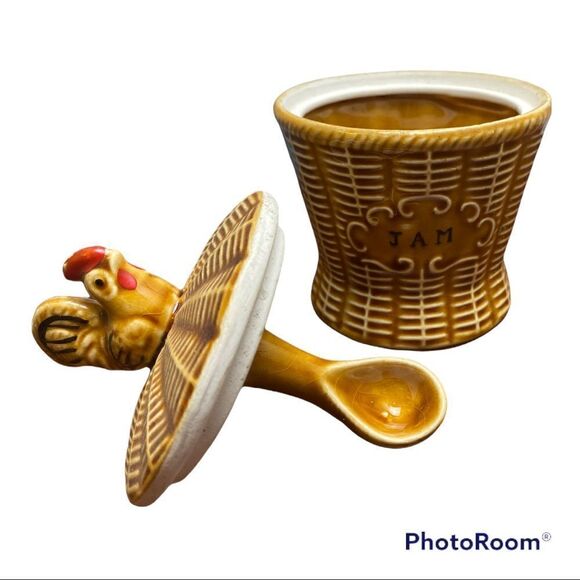 Japan Ceramic Basket Weave Rooster Coffee, Jelly and Jam Farmhouse Kitchen Set🐓 - Picture 5 of 7